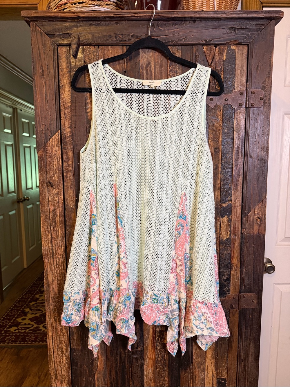 Entro Boho Crochet Paisley Tunic Top Women’s Large Handkerchief Hem Festival